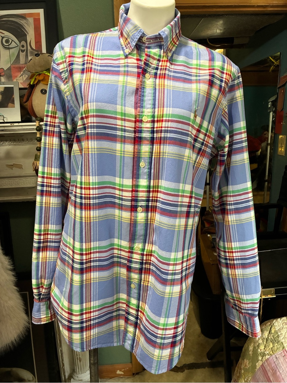 Ralph Lauren Men's Blue Plaid Button-Down Shirt with Red & Green Accents-M mint!